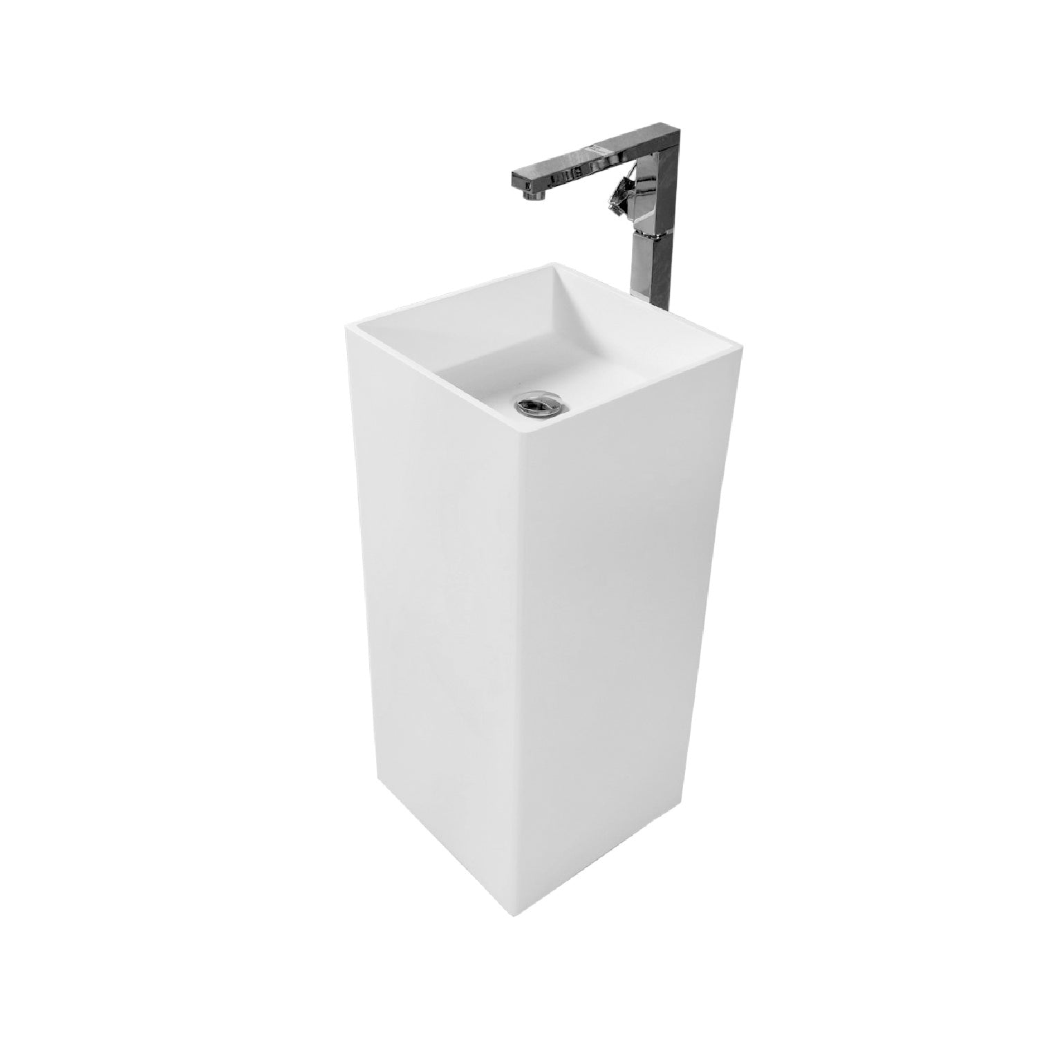 Lavabo de baño independiente con pedestal cuadrado de superficie sólida DAX, acabado blanco mate, 15-3/4 x 15-3/4 x 34-1/2 pulgadas (DAX-AB-1382)