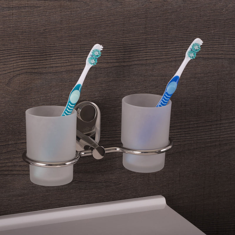 DAX - Soporte para cepillo de dientes de doble vaso para baño, acero inoxidable con vaso de vidrio, acabado pulido, 8-1/4 x 3-3/4 x 4-1/8 pulgadas (DAX-G0214-P) 