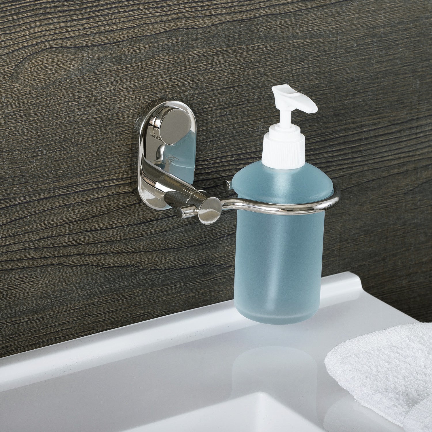 DAX Stainless Steel Soap Dispenser with Glass Bottle, Wall Mount, Satin Finish, 6-1/2 x 4-1/8 x 4-15/16 Inches (DAX-G0213-S)