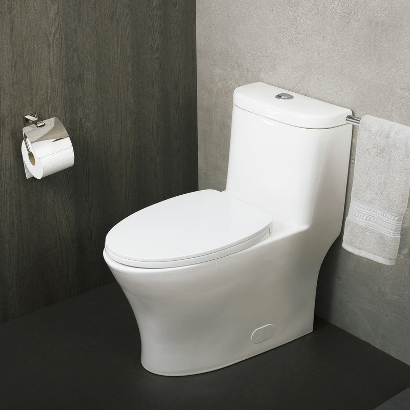 DAX Inodoro ovalado de una pieza con asiento de cierre suave y doble descarga de alta eficiencia, porcelana, acabado blanco, altura 29-3/4 pulgadas (BSN-CL12243)