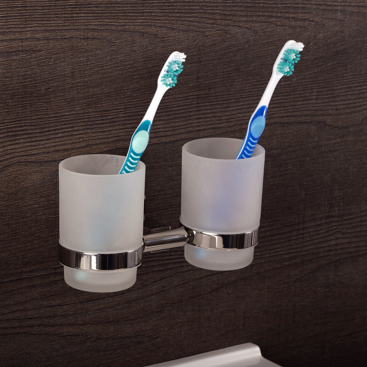 DAX Bathroom Double Tumbler Toothbrush Holder, Wall Mount Stainless Steel with Glass Cup, Satin Finish, 7-1/16 x 3-3/4 x 3-3/4 Inches (DAX-G0114-S)