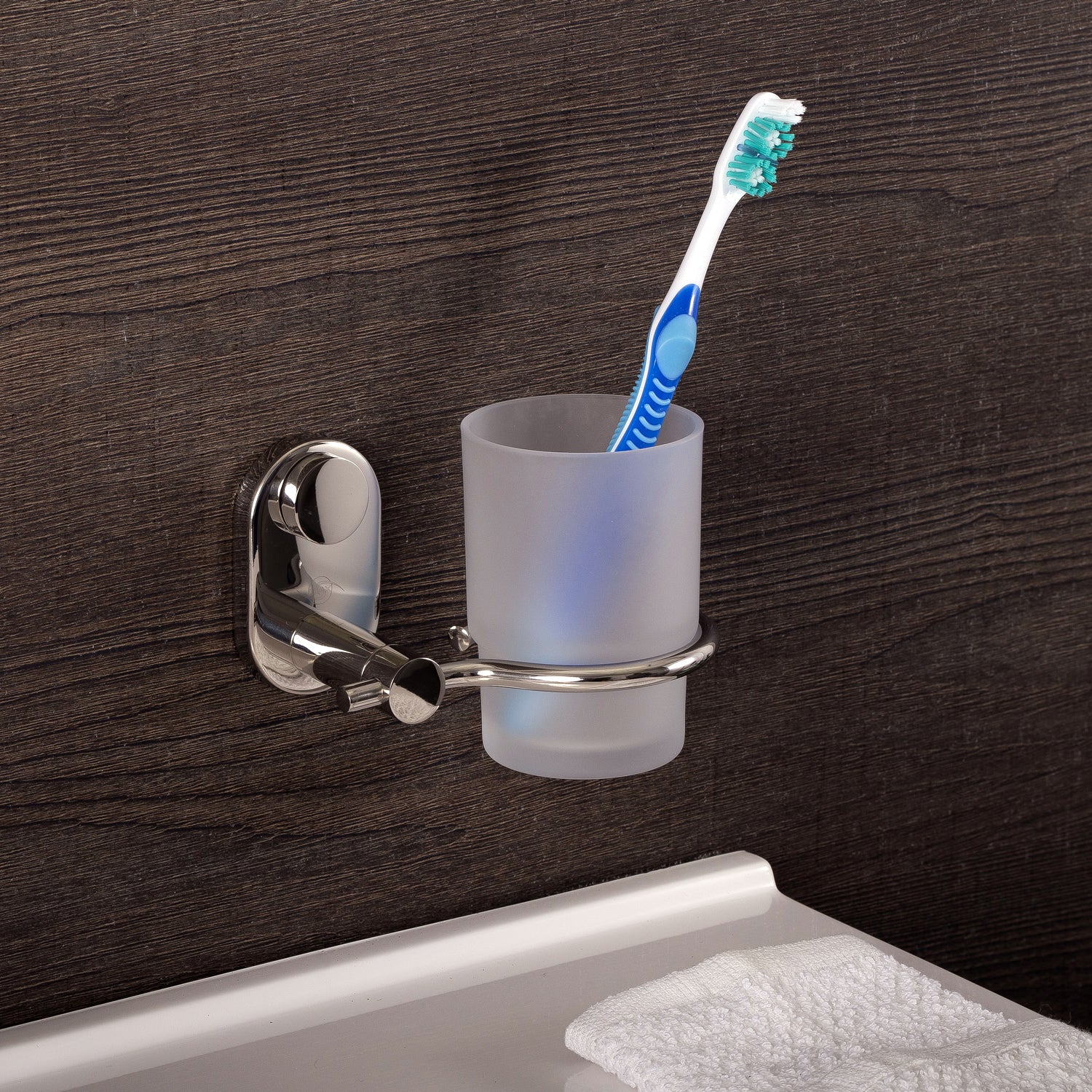 DAX Bathroom Single Tumbler Toothbrush Holder, Wall Mount Stainless Steel with Glass Cup, Satin Finish, 4-5/16 x 3-3/4 x 4-1/8 Inches (DAX-G0206-S)