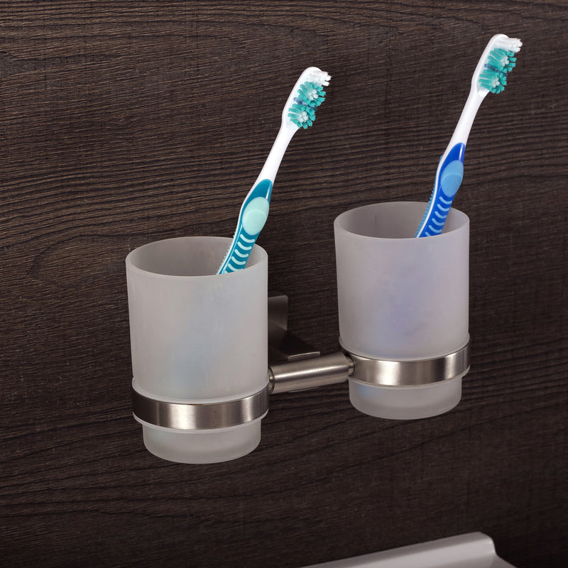 DAX - Soporte para cepillo de dientes de doble vaso para baño, acero inoxidable con vaso de vidrio, acabado pulido, 7-1/16 x 3-3/4 x 3-3/4 pulgadas (DAX-G0114-P)