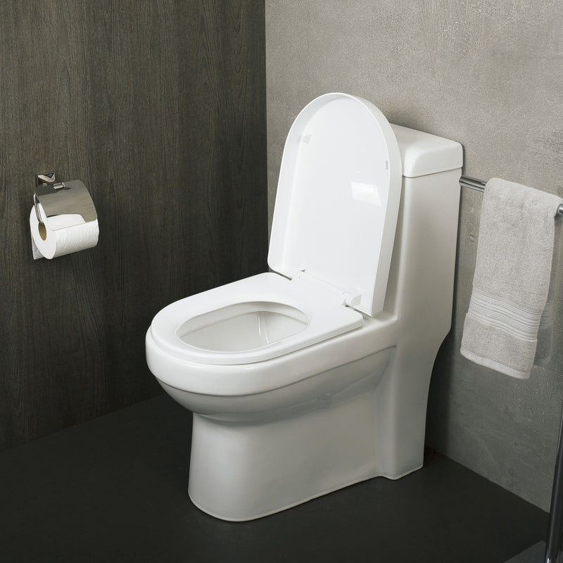 DAX Inodoro cuadrado de una pieza con asiento de cierre suave y doble descarga de alta eficiencia, porcelana, acabado blanco, altura 30-3/4 pulgadas (BSN-43A)