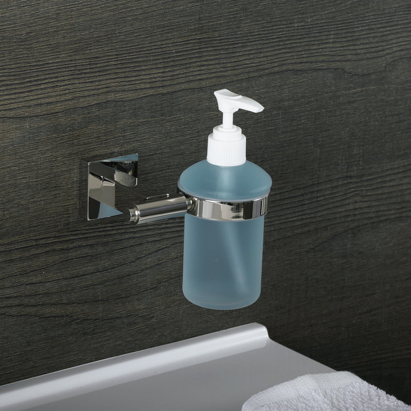 DAX Stainless Steel Soap Dispenser with Glass Bottle, Wall Mount, Satin Finish, 6-1/2 x 4-1/2 x 3-3/4 Inches (DAX-G0113-S)