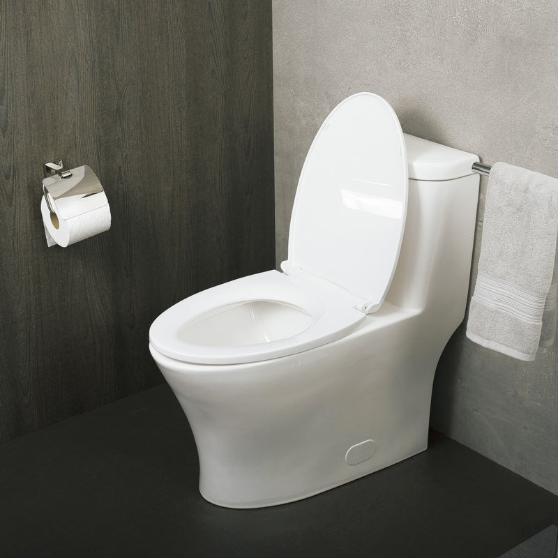 DAX Inodoro ovalado de una pieza con asiento de cierre suave y doble descarga de alta eficiencia, porcelana, acabado blanco, altura 29-3/4 pulgadas (BSN-CL12243)