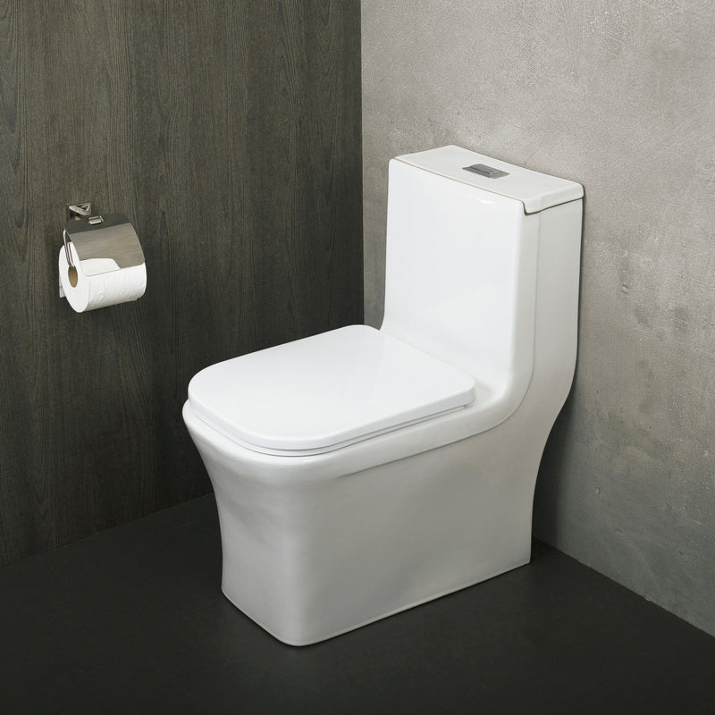 DAX Inodoro cuadrado de una pieza con asiento de cierre suave y doble descarga de alta eficiencia, porcelana, acabado blanco, altura 28-3/4 pulgadas (BSN-835)
