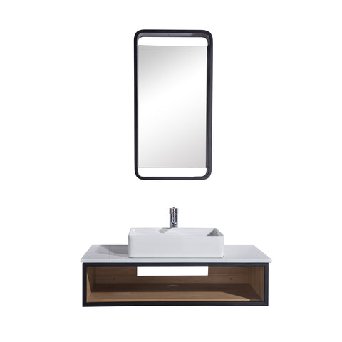 Juego de gabinete de tocador individual de 36", montaje en pared, espejo y lavabo de cerámica blanca con encimera y estante de vidrio blanco brillante, acabado en ceniza, colección Citta de DAX