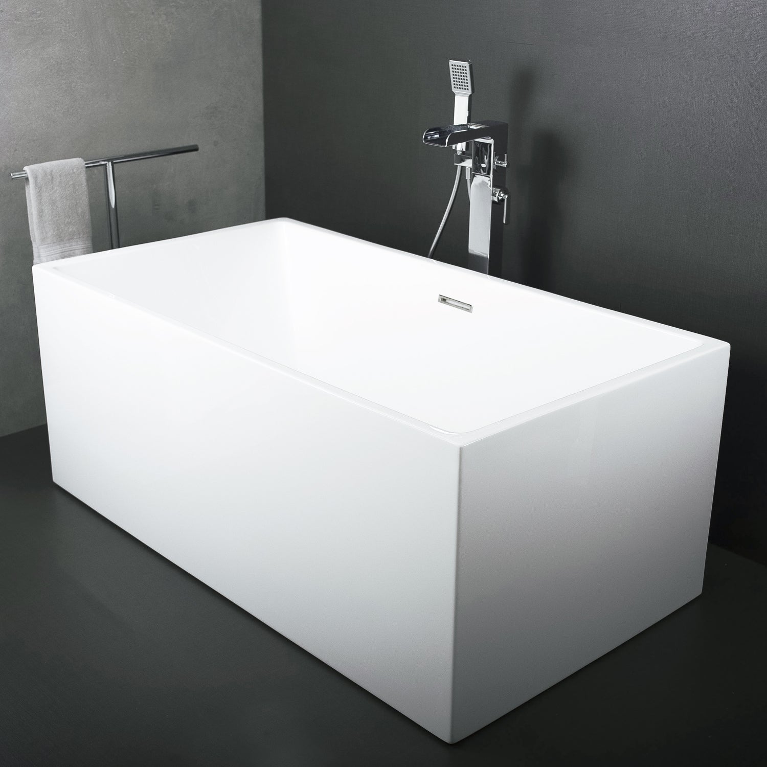 DAX Square Freestanding High Gloss Acrylic Bathtub with Central Drain and Overflow, Stainless Steel Frame, 59-1/16 x 23-5/8 x 31-1/2 Inches (BT-8013A)