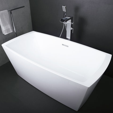 DAX Square Freestanding High Gloss Acrylic Bathtub with Central Drain and Overflow, Stainless Steel Frame, 59-1/16 x 23-5/8 x 29-1/2 Inches (BT-8017)