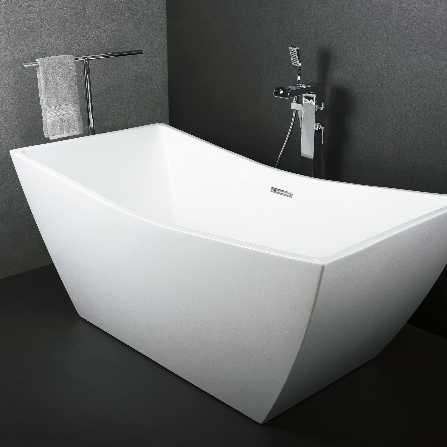 DAX Square Freestanding High Gloss Acrylic Bathtub with Central Drain and Overflow, Stainless Steel Frame, 66-15/16 x 26-3/4 x 31-1/2 Inches (BT-8086)