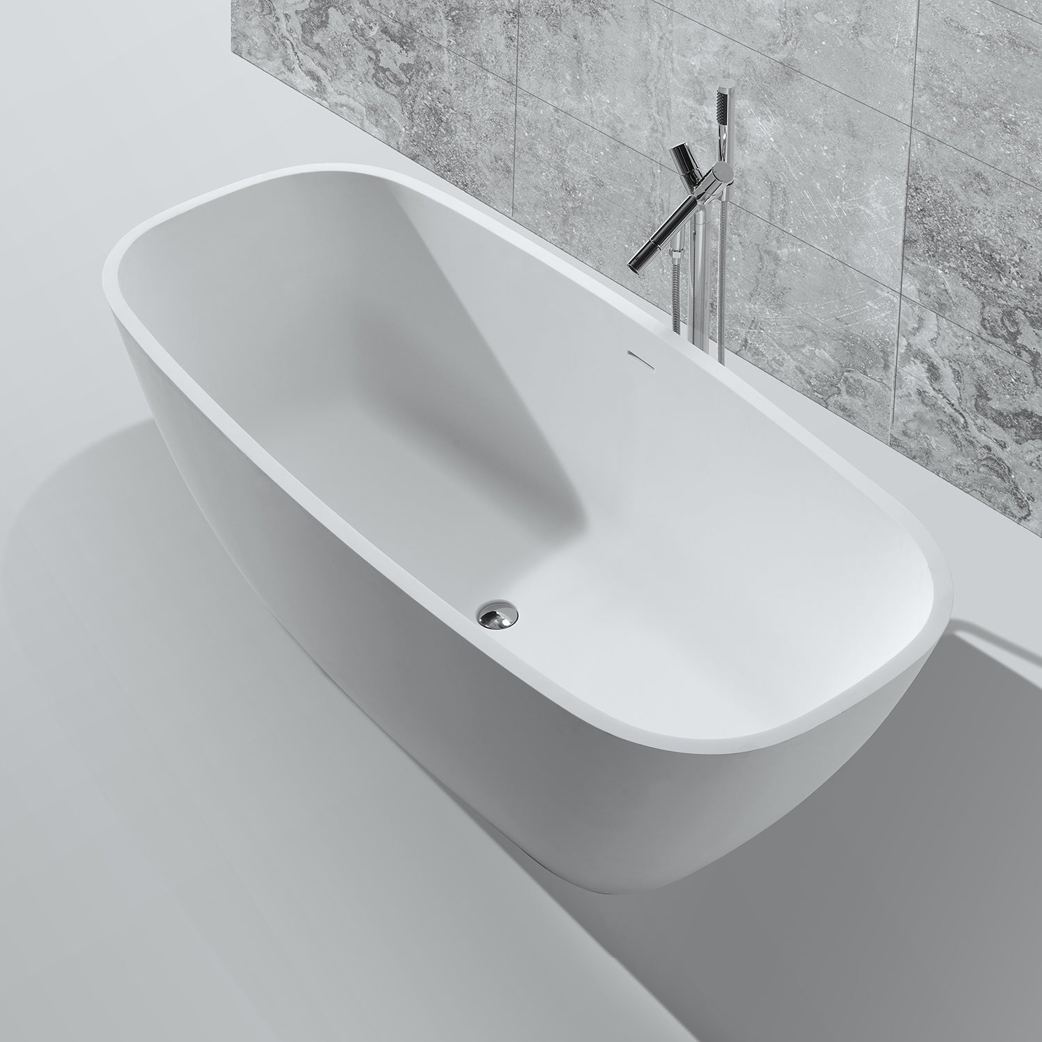 DAX Oval Freestanding Matte Solid Surface Bathtub with Central Drain and Overflow, Fiberglass Reinforcement, Full Immersion, Stainless Steel Frame, 67-3/4 x 21-5/8 x 28-3/4 Inches (BT-AB-B037)