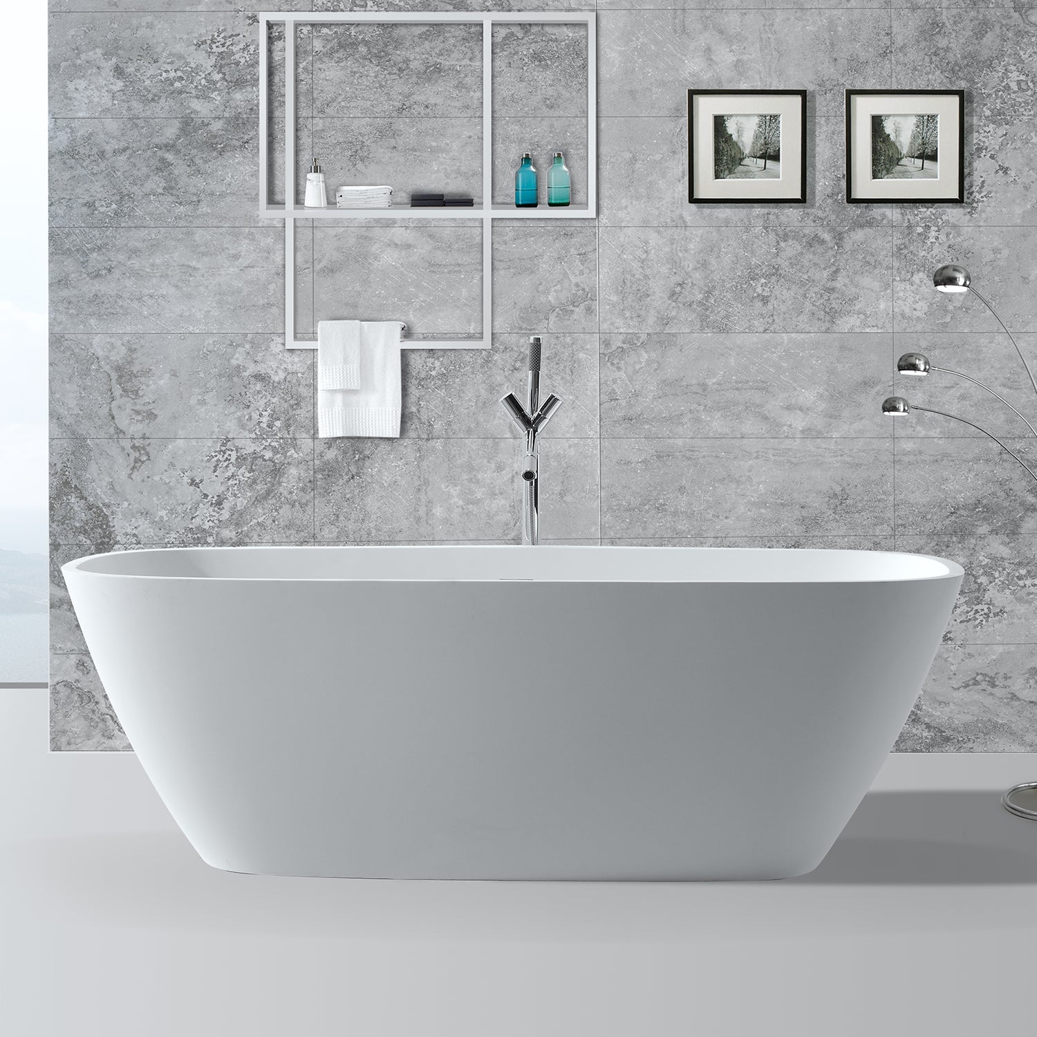 DAX Oval Freestanding Matte Solid Surface Bathtub with Central Drain and Overflow, Fiberglass Reinforcement, Full Immersion, Stainless Steel Frame, 67-3/4 x 21-5/8 x 28-3/4 Inches (BT-AB-B037)