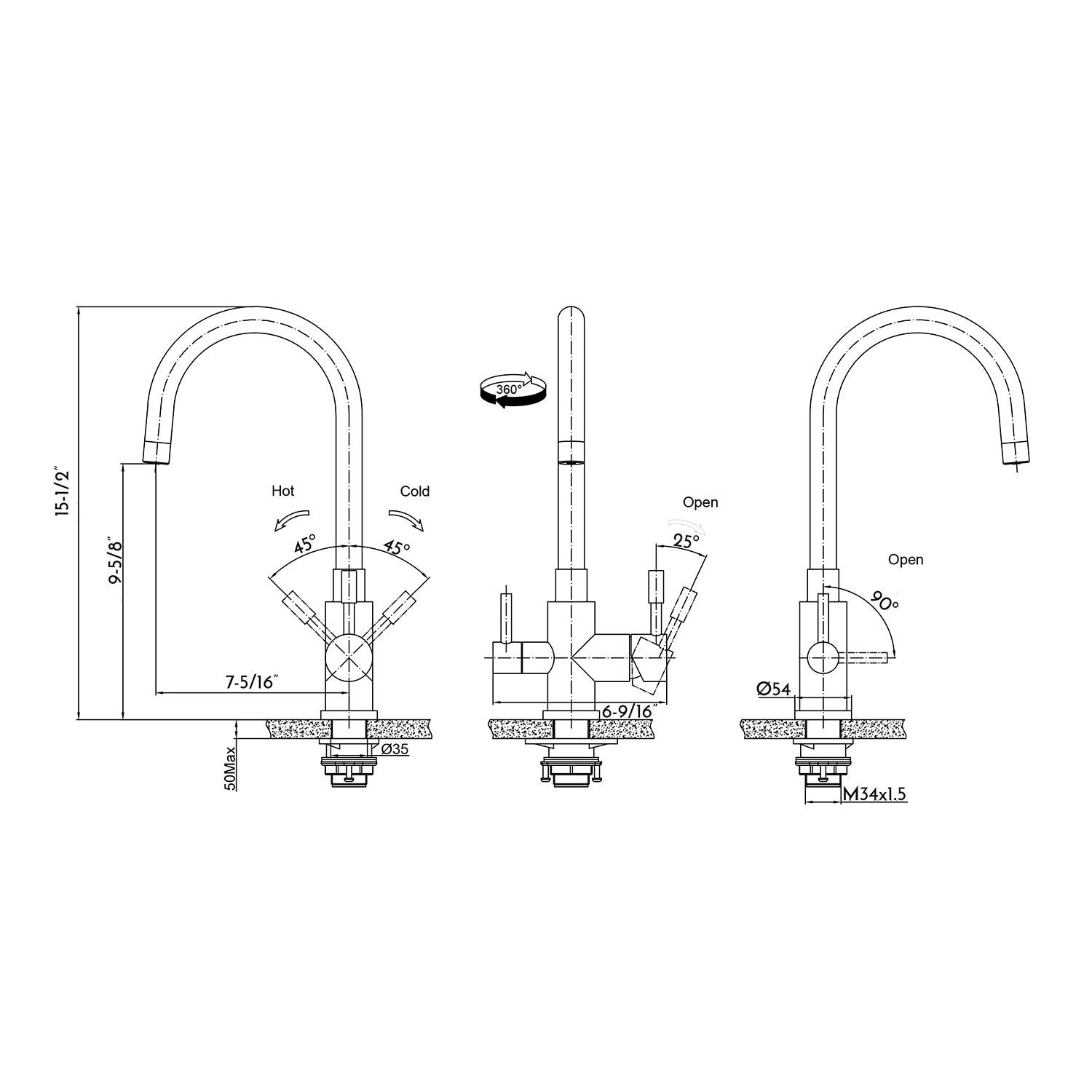 Grifo de filtro de cocina de doble manija DAX - Níquel cepillado (DAX-16005-BN) 