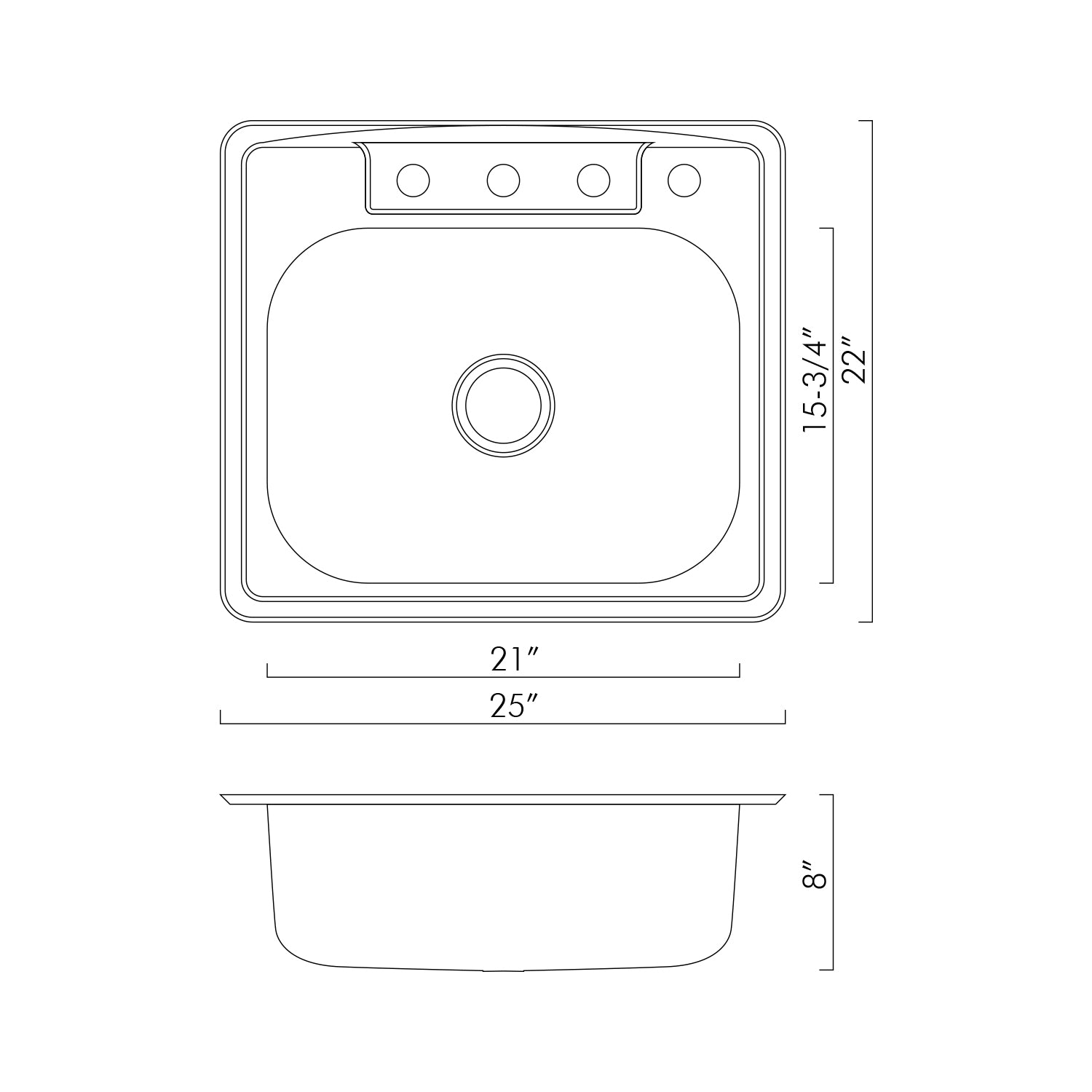 DAX  Single Bowl Top Mount Kitchen Sink, 20 Gauge Stainless Steel, Brushed Finish , 25 x 22 x 8 Inches (DAX-OM-2522)