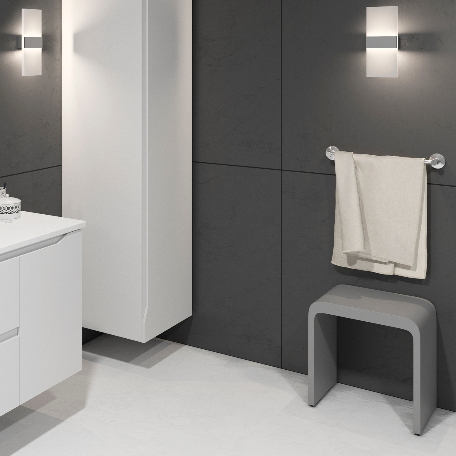 A modern white solid surface bathroom stool with a matte finish and sleek design, featuring a slip-resistant surface and handles for mobility. Order now at www.daxib.com