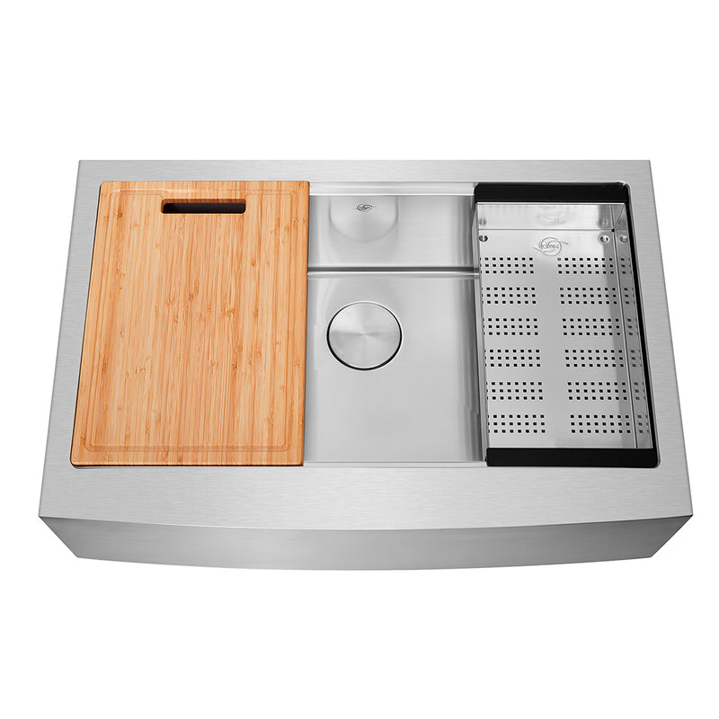 DAX Workstation Farmhouse Single Bowl Kitchen Sink - Handmade - Stainless Steel 304 -16 Gauge - Accessories Included (DAX-WS3321-R10)