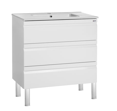 28" Single Vanity, Floor Mount, 3 Drawers with Soft Close, White Glossy, Serie Solco by VALENZUELA