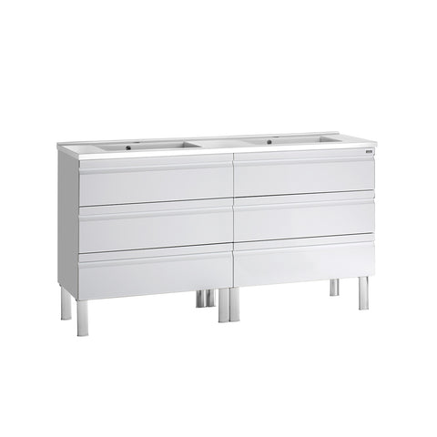 56" Double Vanity, Floor Mount, 6 Drawers with Soft Close, White, Serie Solco by VALENZUELA