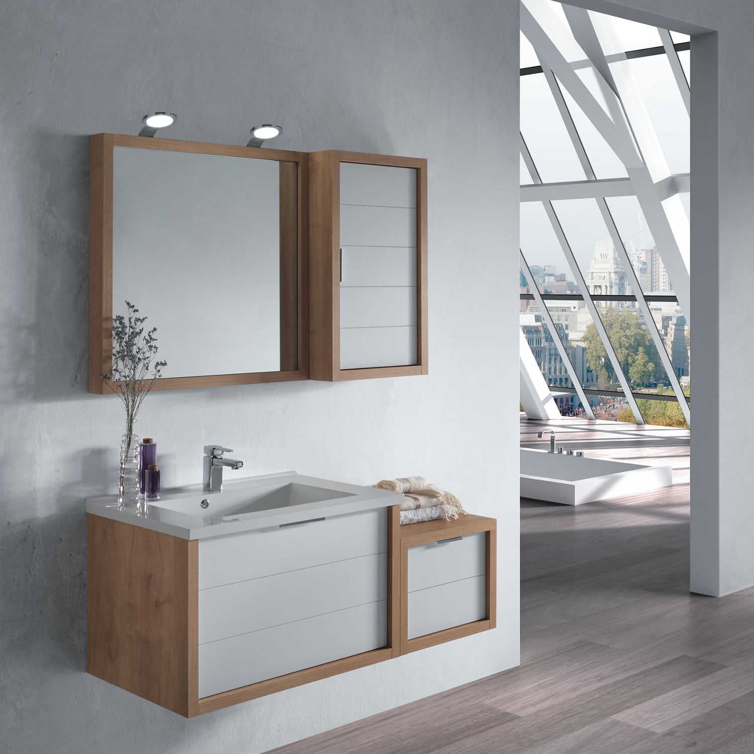 40" Single Vanity, Wall Mount, Drawer with Soft Close, Oak - White, Serie Tino by VALENZUELA