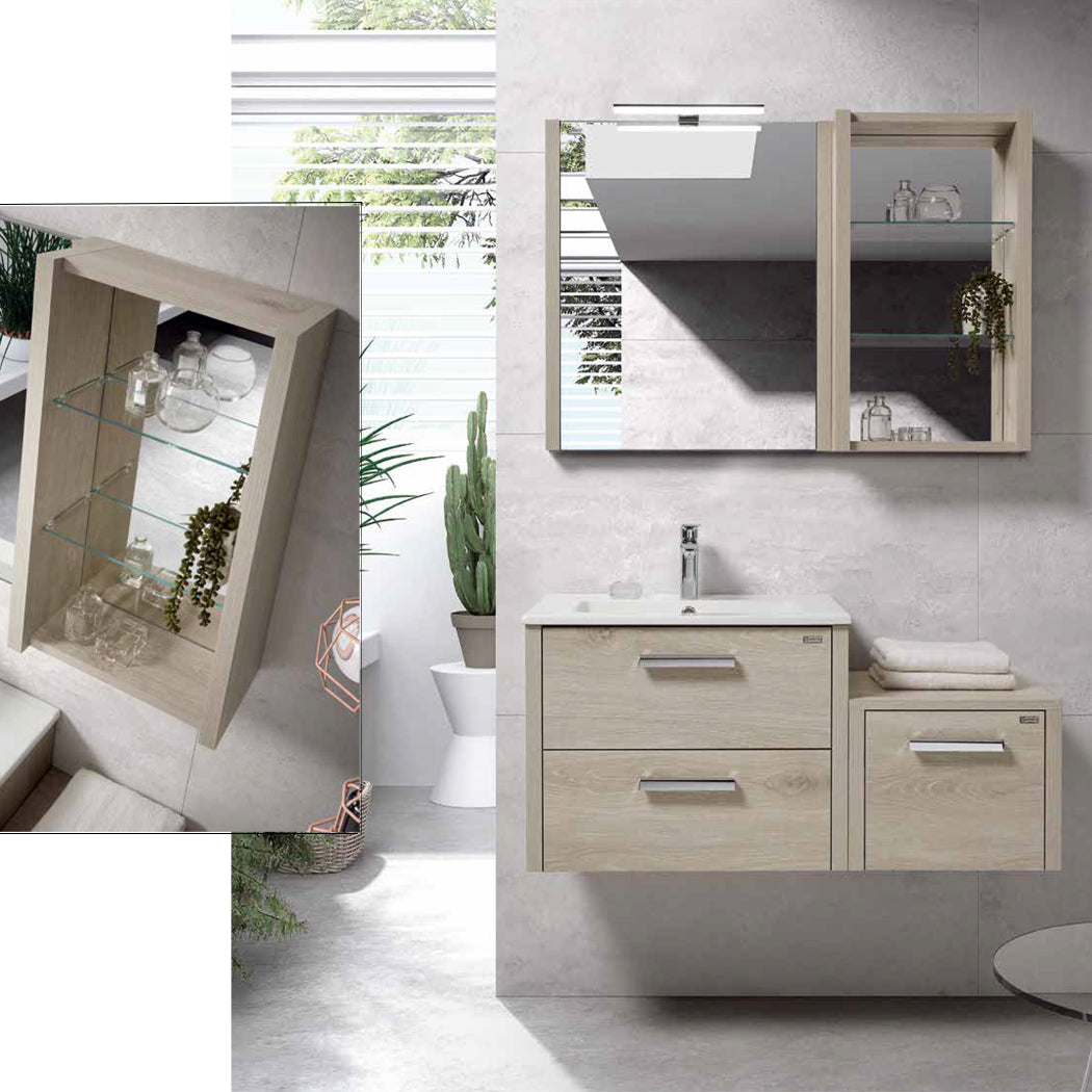 Gabinete lateral abierto de 16" con estantes y espejo, montaje en pared, Luna, Serie Nova de VALENZUELA