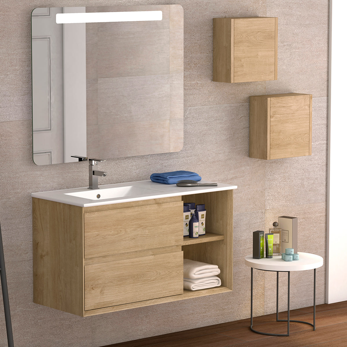 Kios G.16 Ginza Composición de baño con base baja de 4 cajones, 3 muebles  altos de 1 puerta, espejo vertical, foco de led y tapa de cristal para  lavabo sobre encimera
