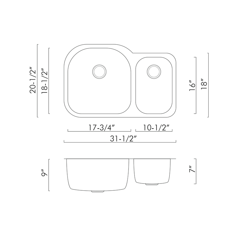 Fregadero de cocina DAX 70/30 de doble cuenco, acero inoxidable de calibre 18, acabado cepillado, 31-1/2 x 20-1/2 x 9 pulgadas (DAX-3121L) 