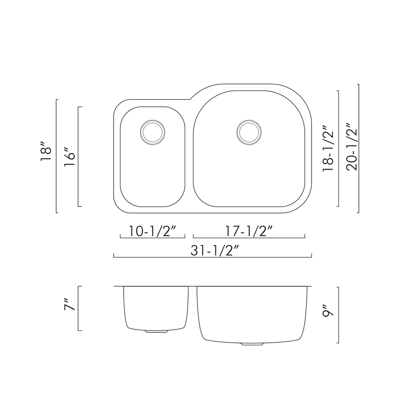 Fregadero de cocina DAX 30/70 de doble cuenco, acero inoxidable de calibre 18, acabado cepillado, 31-1/2 x 20-1/2 x 9 pulgadas (DAX-3121R) 