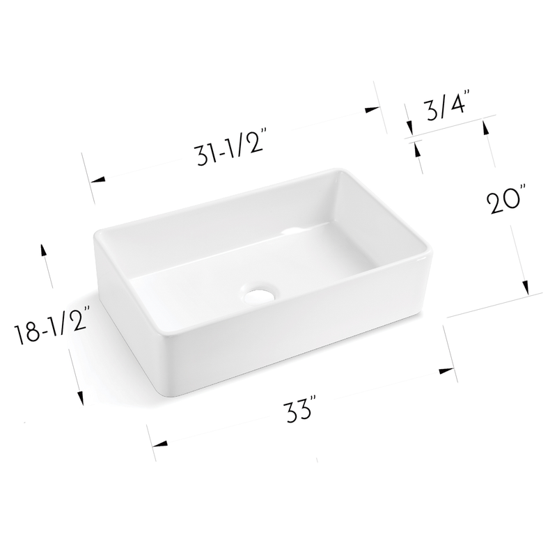 DAX Farmhouse Single Bowl Kitchen Sink, Fine Porcelain, White Finish, 33 x 20 x 8-5/8 Inches (DAX-C3320)