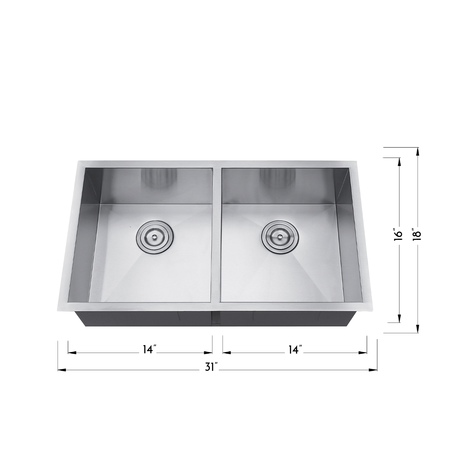 DAX Handmade 50/50 Double Bowl Undermount Kitchen Sink. 18 gauge. 31" x 18" (DAX-SQ-3118A-X)